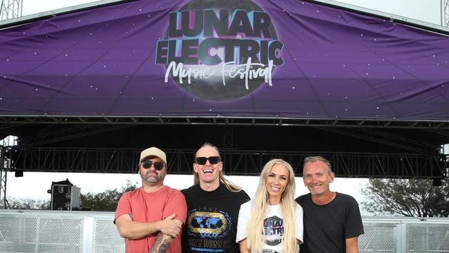 World famous DJ Will Sparks is pumped up for the Lunar Electric Music Festival at Doug Jennings Park this Saturday 13 March. Promoters Shaun Dunn (left) and Simon Leigh (right) with Will Sparks and Artist Liason Katrina Hunt.   Picture Glenn Hampson