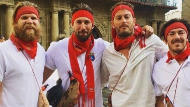 Michael Hurley, Cale Hooker, Tom Bellchambers and Michael Hibberd honed their evasive skills at the Running of the Bulls in Pamplona.