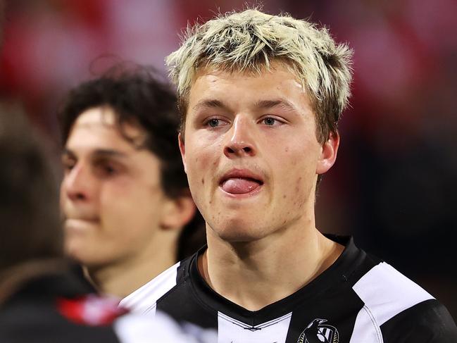 SYDNEY, AUSTRALIA - SEPTEMBER 17: Jack Ginnivan of the Magpies looks dejected after defeat during the AFL Second Preliminary match between the Sydney Swans and the Collingwood Magpies at Sydney Cricket Ground on September 17, 2022 in Sydney, Australia. (Photo by Mark Kolbe/AFL Photos/via Getty Images)