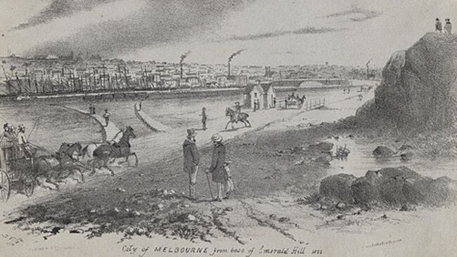 City of Melbourne from the base of Emerald Hill, drawn in 1855. Emerald Hill was named after it’s lush greenery but was later changed to Port Melbourne. Picture: National Gallery of Australia.