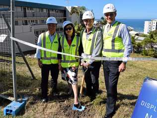 Turning the first sod at the Aqua View Apartments site in Kings Beach are (from left) husband-and-wife developers Alex Yuan and Stella Sun with construction company Tomkins director Mike Tomkins and Councillor Tim Dwyer. Picture: Stuart Cumming