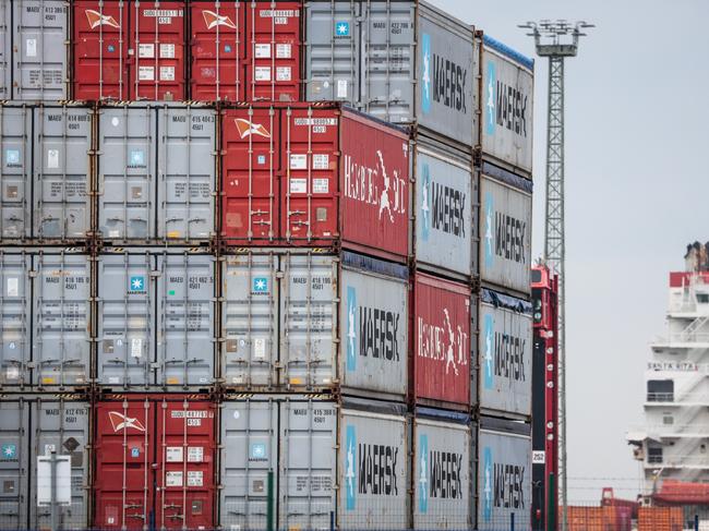 BREMERHAVEN, GERMANY - APRIL 22: Containers of Maersk and Hamburg Sued shipping lines are stacked at the container terminal of Bremerhaven port on April 22, 2025 in Bremerhaven, Germany. Industry and logistics are facing continued uncertainty over the tariffs policy of U.S. President Donald Trump. While Trump has imposed a 25% tariff on European cars and auto parts imports, he has also suggested he may rescind these tariffs in some form. He said too he expects to reach a 