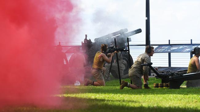 Gunners reenactment at the 81st commemoration of the Bombing of Darwin held at the cenotaph on the esplanade. Picture: (A) manda Parkinson