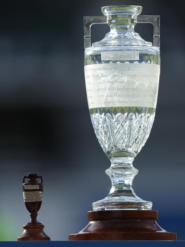 The Ashes Waterford Crystal Trophy and replica Urn are pictured at the presentation ceremony.