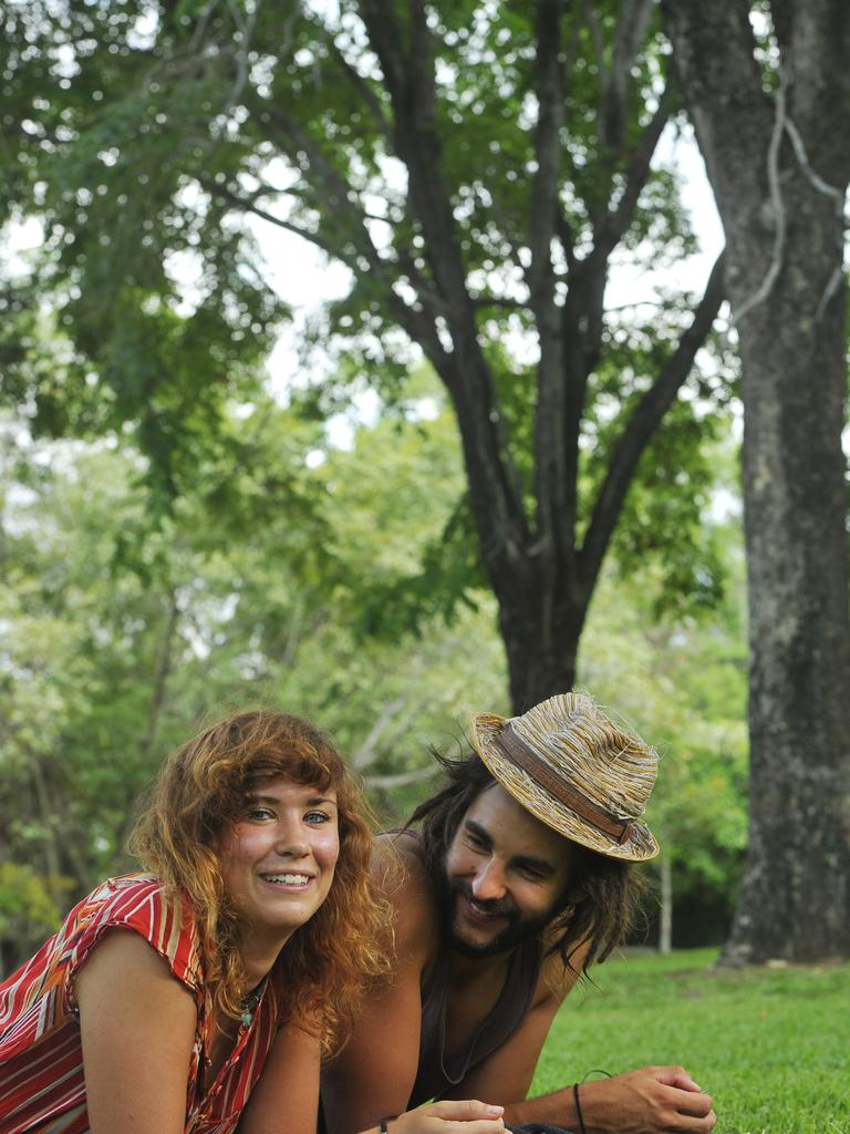 European backpackers Cindy and Wolfgang enjoy the sun at Frog Hollow Park in 2013.