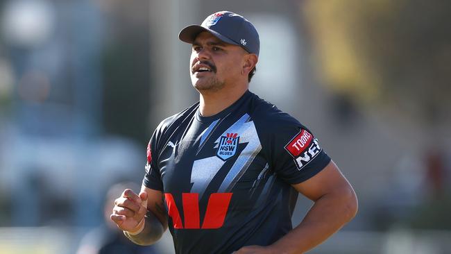 SYDNEY, AUSTRALIA - MAY 23: Latrell Mitchell runs during a New South Wales Blues State of Origin training session at Coogee Oval on May 23, 2023 in Sydney, Australia. (Photo by Mark Kolbe/Getty Images)