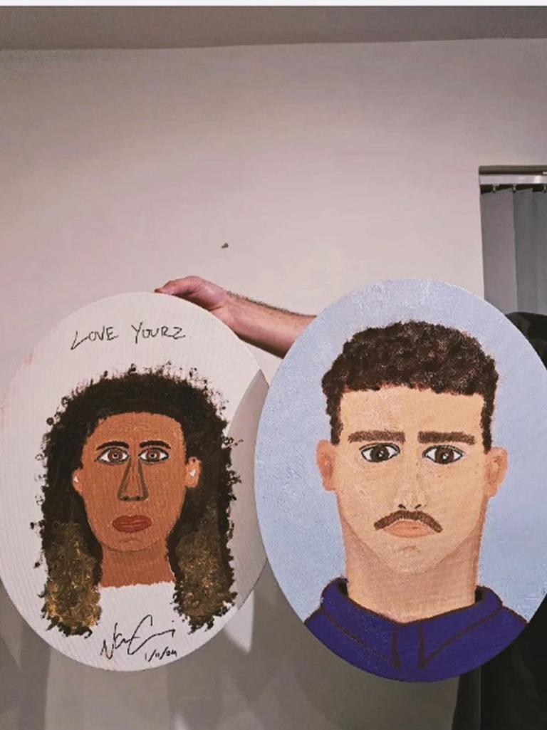 Mary Fowler and Nathan Cleary do their best to paint portraits of each other.