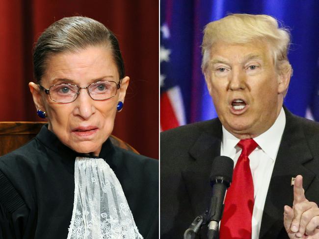 (COMBO) This combination of pictures created on July 13, 2016 shows US Supreme Court Associate Justice Ruth Bader Ginsburg (L) in Washington, DC, on October 8, 2010 and Republican presidential nominee Donald Trump in New York on June 22, 2016.  Trump called on July 13, 2016, for the resignation of the Ginsburg, charging that her "mind is shot" after the 83-year-old branded him a "faker." It is exceptional for a US Supreme Court justice to speak openly about politics and their political preferences. But Ginsburg dropped all pretenses of reserve in two interviews she gave recently and which have caused a sensation.  / AFP PHOTO / TIM SLOAN AND KENA BETANCUR