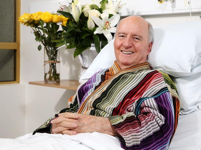 Alan Jones in hospital recovering from his 13-hour back operation in December last year. Picture: Carly Earl