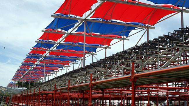 The temporary grandstands that are erected every year in Victoria Park.