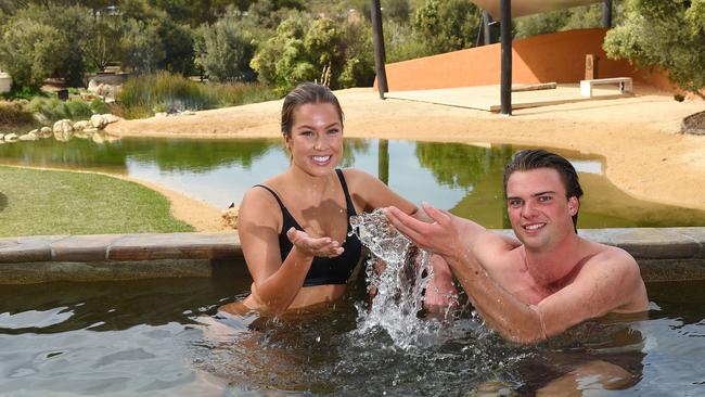 Peninsula Hot Springs has designed an Australian first Ice Cave and Deep Freeze. Meg Jamieson and Will Veale relax in the springs. Picture: Josie Hayden