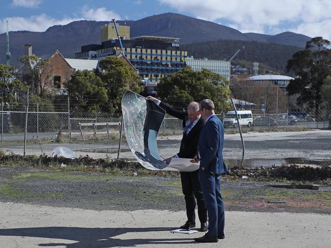 BIG PLANS: Minister for State Growth Michael Ferguson, right, at Macquarie Point with State Growth adviser Michael Kerschbaum. Picture: Luke Bowden