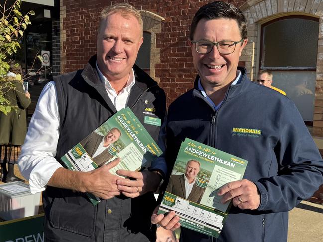 Bendigo Nats candidate Andrew Lethlean and Nats federal leader David Littleproud outside the Bendigo central polling booth on election day 2025.