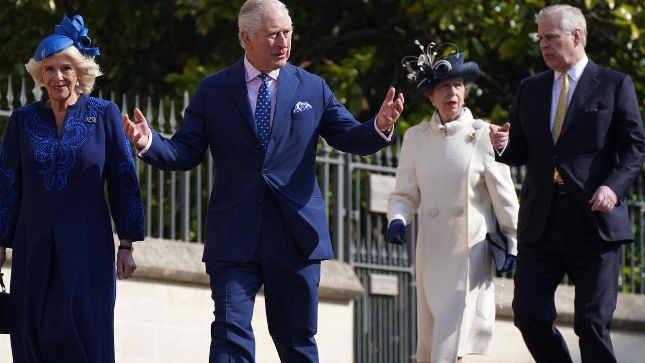 Queen Consort Camilla, King Charles, Princess Anne and Prince Andrew at St George’s Chapel in Windsor Castle over Easter. Picture: Yui Mok/AFP