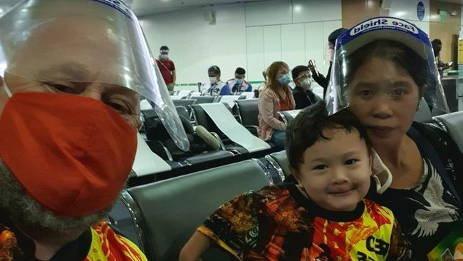 Brett Riseley with wife Imelda and son Tasman ready to leave. The Riseley family of Hobart are finally on a flight home from the Philippines are being stuck there for many months due to border closures because of COVID-19. Picture: SUPPLIED