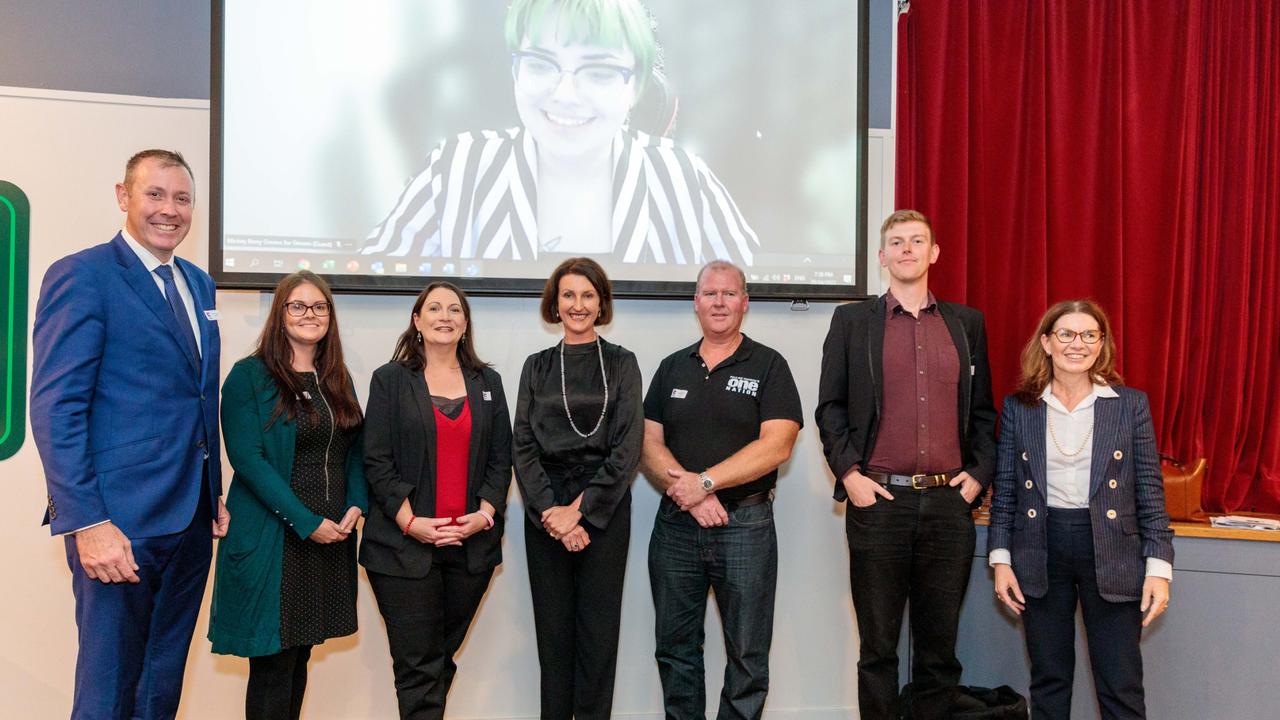 At the Toowoomba Chamber of Commerce's Meet the Candidates forum are (from left) (Garth Hamilton, Melissa Bannister, Gen Allpass, Kirstie Smolenski, Grant Abraham, Ryan Otto, Suzie Holt and Mickey Berry (on-screen). Picture: Sonny and Kat Photography.