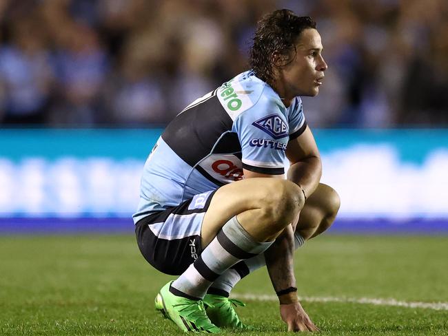 SYDNEY, AUSTRALIA - SEPTEMBER 10:  Nicholas Hynes of the Sharks reacts during the NRL Qualifying Final match between the Cronulla Sharks and the North Queensland Cowboys at PointsBet Stadium on September 10, 2022 in Sydney, Australia. (Photo by Mark Metcalfe/Getty Images)