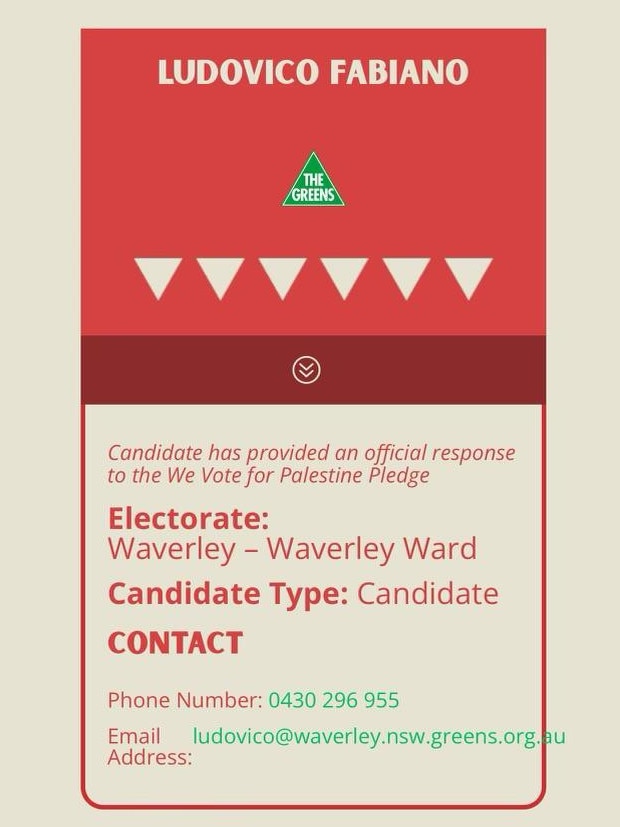 The We Vote for Palestine pledge scorecards adorned with what appears to reference Hamas' inverted red triangle.