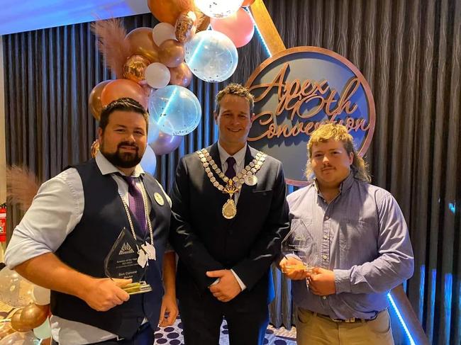 2022 Apexian of the year Ben Curnow, National President Simon Grant and Young Apexian of the year Chris Harris at the National Convention in Bundaberg last year.