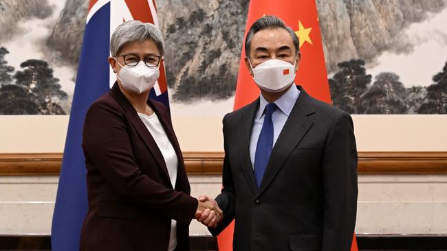 Penny Wong and her Chinese counterpart Wang Yi meet at Diaoyutai State Guesthouse in Beijing. Picture: AAP