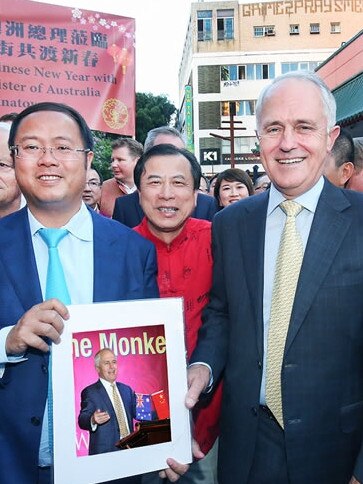 Mr Huang with then PM Malcolm Turnbull at the 2016 Chinese New Year Lantern Festival. Picture: Australian Council for the Promotion of Peaceful Reunification of China