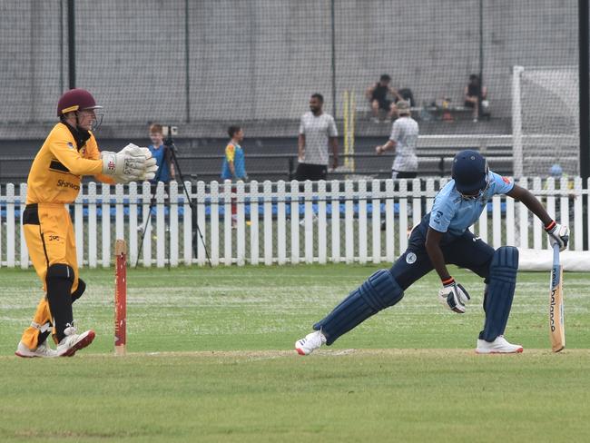 Wicketkeeper Fletcher Gersbach keeps Advik Ajithjumar on his toes. Picture: Sean Teuma