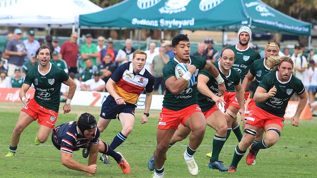 Randwick’s Latu Latunipalu punishing the Easts’ defence at Coogee Oval. Picture: Danny Aarons.