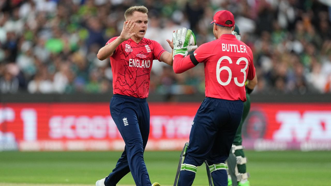 Sam Curran celebrates the wicket of the Muhammad Rizwan of Pakistan. Photo by Isuru Sameera/Gallo Images/Getty Images