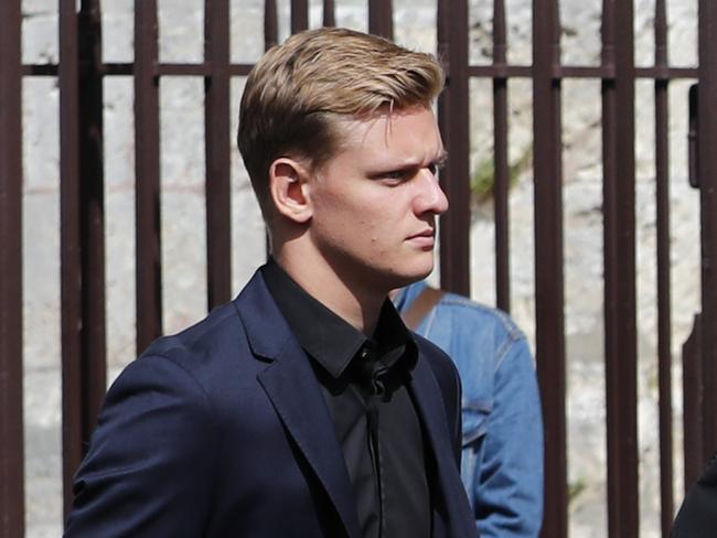 German F2 driver Mick Schumacher, the son of Michael, at the funeral of late French driver Anthoine Hubert, in Chartres, south of Paris, this week. Picture: AP