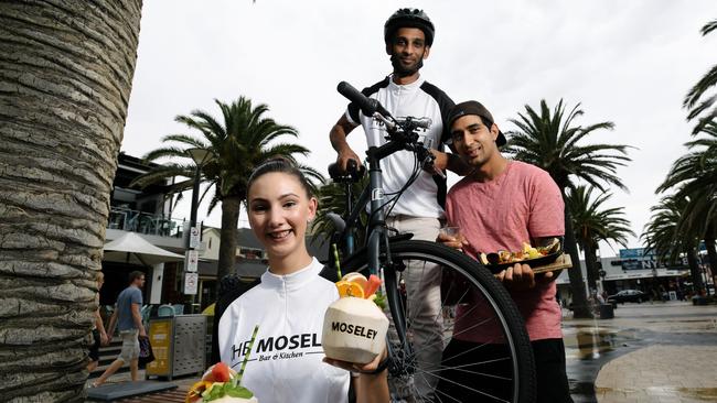 Jade Booth and Jason Dayal from The Moseley with Himal Baruwal from Tasca Viva Restaurant &amp; Tapas Bar are heading to the Glenelg Street Party. Picture: AAP/Morgan Sette