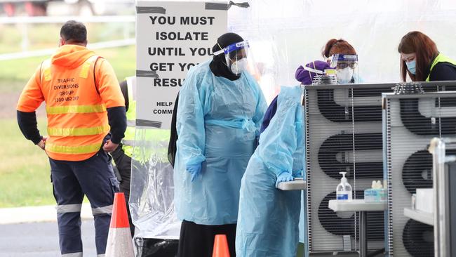 A COVID-19 testing site in Melbourne’s Roxburgh Park. Picture: David Crosling