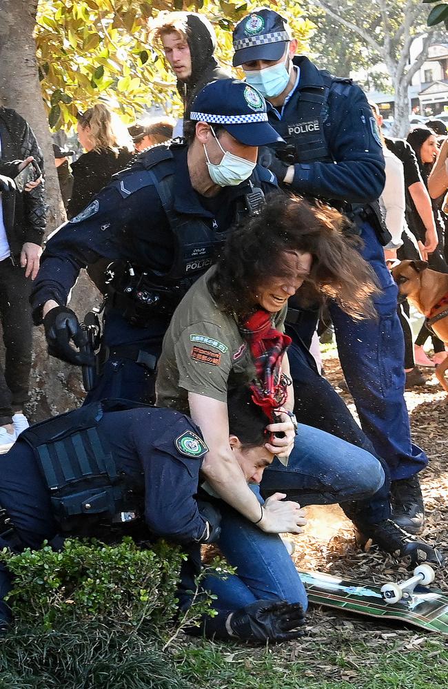 Protesters clash with NSW Police officers at Victoria Park during a protest to rally for freedom of speech, movement, choice, assembly, and Health in Sydney. Picture: NCA NewsWire/Bianca De Marchi
