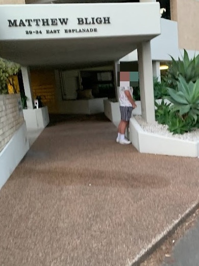 A man photographed urinating on the succulents at the entrance to the Matthew Bligh apartment building opposite East Esplanade Park. Picture: Supplied