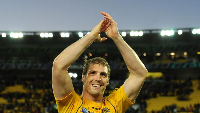 **FILE** A Sunday, Oct 9, 2011 file photo of Wallabies player Dan Vickerman celebrating following the IRB Rugby World Cup quarter final between Australia and South Africa at Wellington Regional Stadium in Wellington, New Zealand. Vickerman has died at his home in Sydney, aged 37, on Sunday, Feb 19, 2017. (AAP Image/Dave Hunt) NO ARCHIVING, EDITORIAL USE ONLY