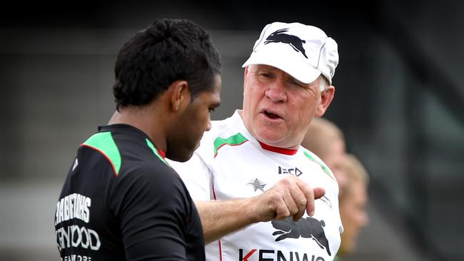 Coach John Lang talks to Chris Sandow during a South Sydney Rabbitohs NRL team training session at Redfern Oval in Sydney, March 23, 2011. Picture: Gregg Porteous