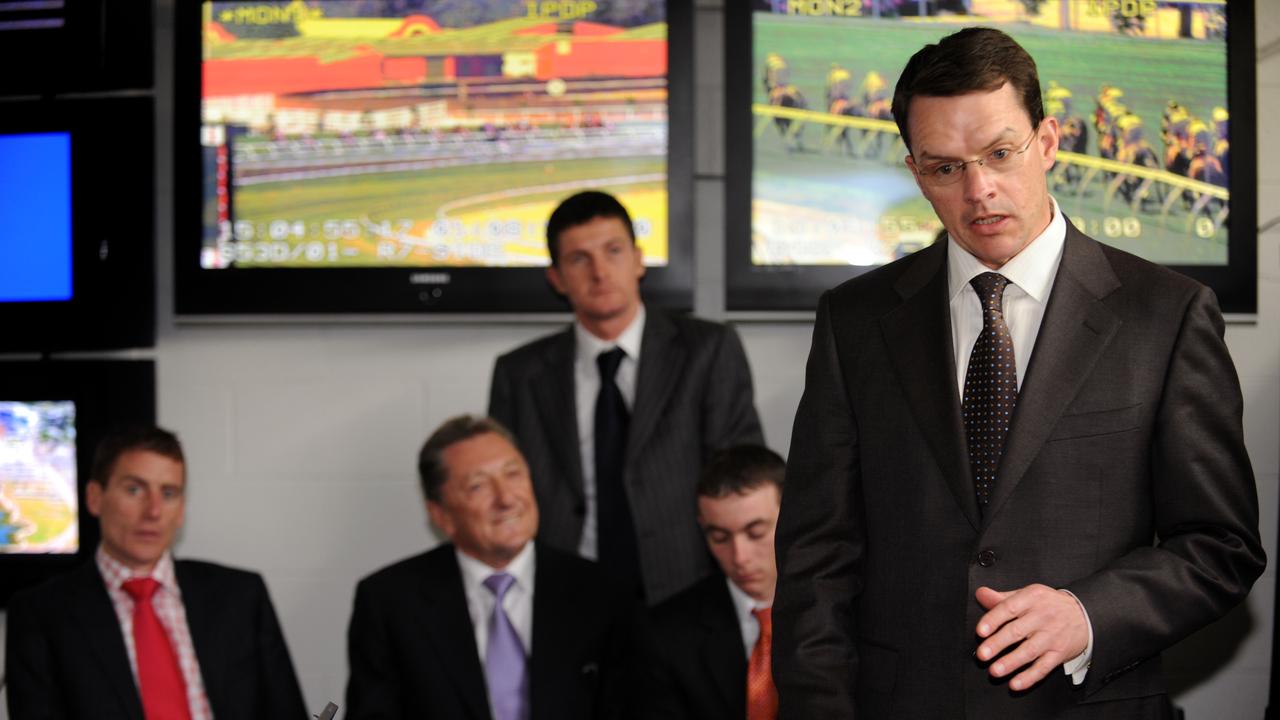 2008 Melbourne Cup. Flemington, Race 7. Irish trainer Aidan O'Brien defends his jockeys (from left) Johnny Murtagh and Wayne Lordan who sit alongside owner Derrick Smith and Colm O'Donoghue (standing) during the stewards hearing after the Flemington meeting yesterday.