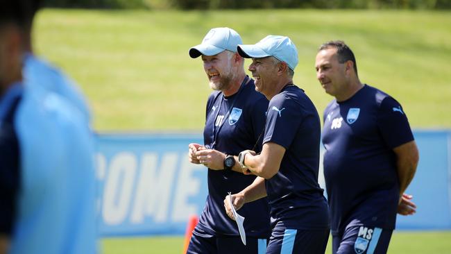 Happier times... Ufuk Talay (L) and Steve Corica led Sydney FC to glory last year. Picture: Tim Hunter.