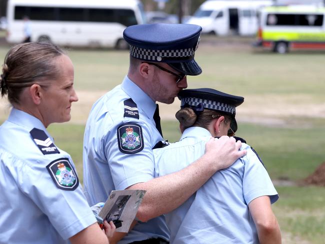 Mourners at the memorial service with full police honours for constables Rachel McCrow and Matthew Arnold at Brisbane Entertainment Centre. Picture: Steve Pohlner