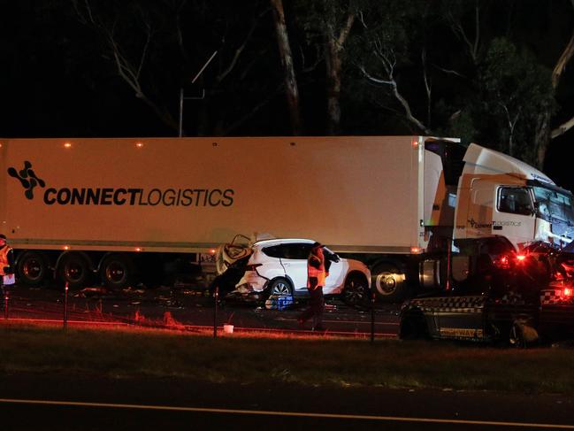 22/04/20 Emergency services on the scene of a crash on the Eastern Freeway in Melbourne where a truck is believed to have crashed into several police officers. Aaron Francis/The Australian