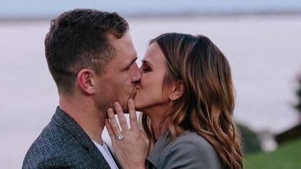 Cats captain Joel Selwood popped the question to long-time girlfriend Brit Davis in August. Picture: Instagram/Stefani Driscoll Photography