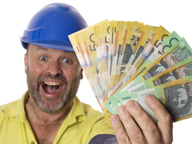 A worker happy with a pile of Aussie Dollars, money, Australian notes, mates, generic