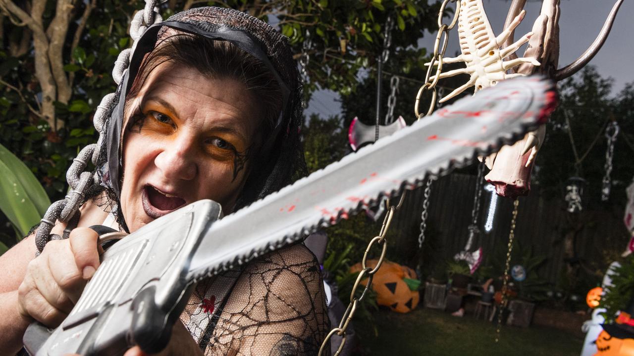 Noelene Fairweather at her South Toowoomba Halloween scare house, Thursday, October 26, 2023. Picture: Kevin Farmer