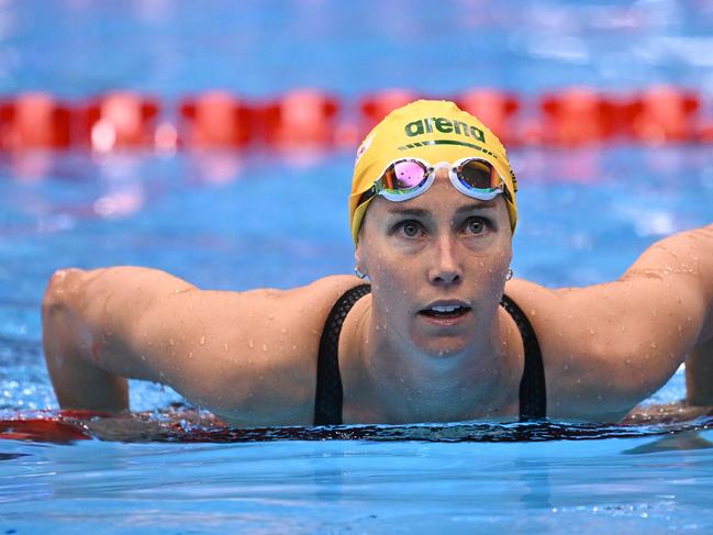 FUKUOKA, JAPAN - JULY 24: Emma McKeon of Team Australia  reacts in the Women's 100m Butterfly Final on day two of the Fukuoka 2023 World Aquatics Championships at Marine Messe Fukuoka Hall A on July 24, 2023 in Fukuoka, Japan. (Photo by Quinn Rooney/Getty Images)