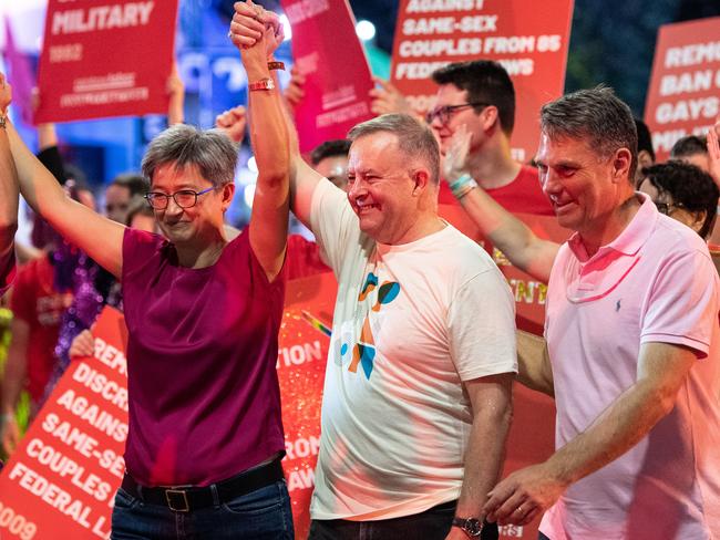 Anthony Albanese taking part in the 42nd annual Gay and Lesbian Mardi Gras parade in Sydney, Saturday, February 29, 2020. (AAP Image/James Gourley) NO ARCHIVING