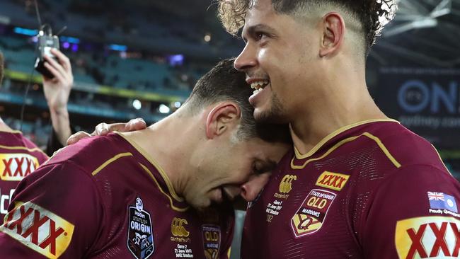 An emotional Billy Slater celebrates Queensland’s win in Origin II. Picture: Brett Costello