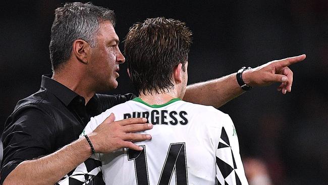 Western United coach Mark Rudan gives directions to Max Burgess during the 1-1 draw with Western Sydney Wanderers. Picture: AAP