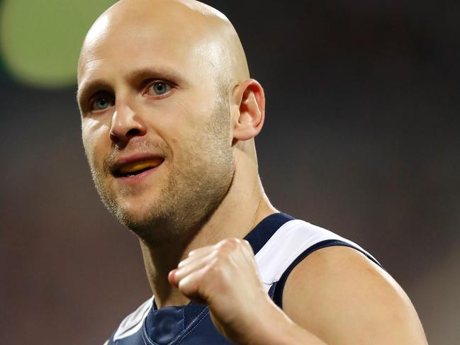 GEELONG, AUSTRALIA - JUNE 28: Gary Ablett of the Cats celebrates a goal during the 2019 AFL round 15 match between the Geelong Cats and the Adelaide Crows at GMHBA Stadium on June 28, 2019 in Melbourne, Australia. (Photo by Michael Willson/AFL Photos via Getty Images)