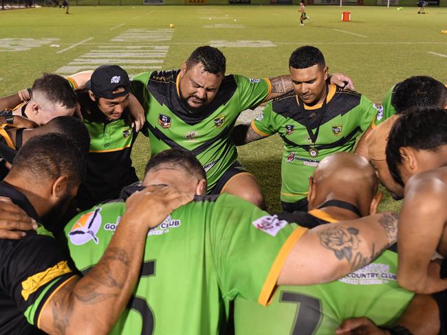 Palmerston Raiders prayer circle after they won the NRLNT Grand Final 2022. Picture: (A)manda Parkinson