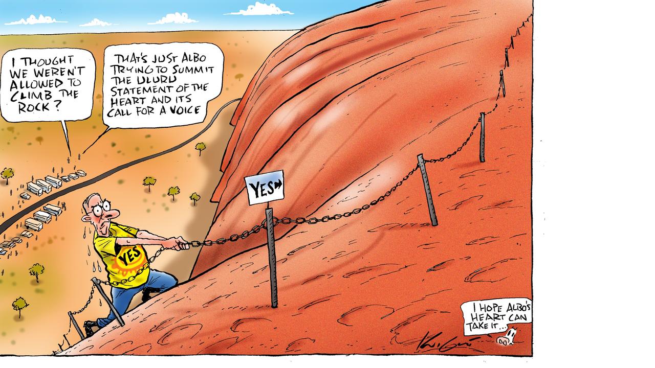 Uluru is Albo's metaphorical Everest attempt in Mark Knight cartoon’s about the coming Voice to Parliament referendum. Picture: Mark Knight