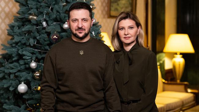 Ukrainian President Volodymyr Zelensky and his wife, Olena, during their New Year's address. Picture: AFP